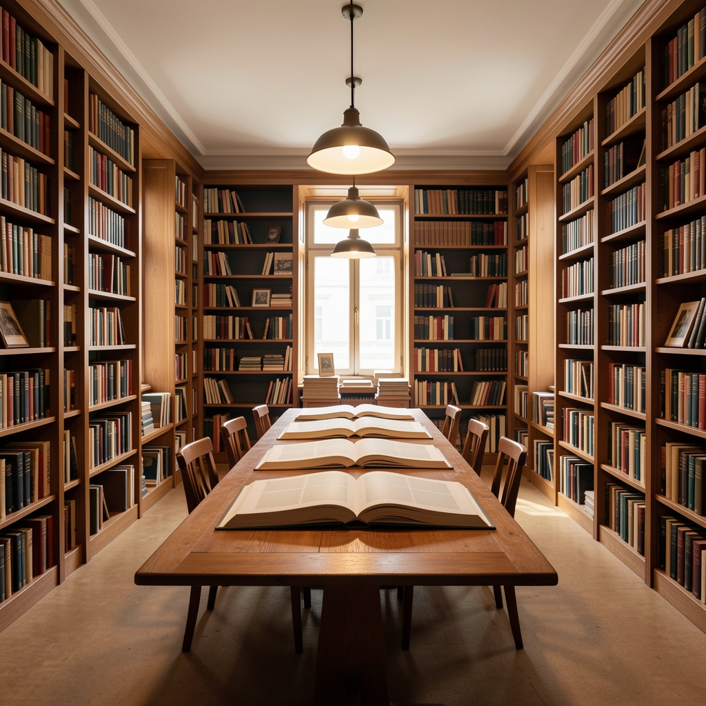 Wide-angle view of a quiet reading room with floor-to-ceiling bookshelves, a large table with open books, and warm ambient light from pendant lamps