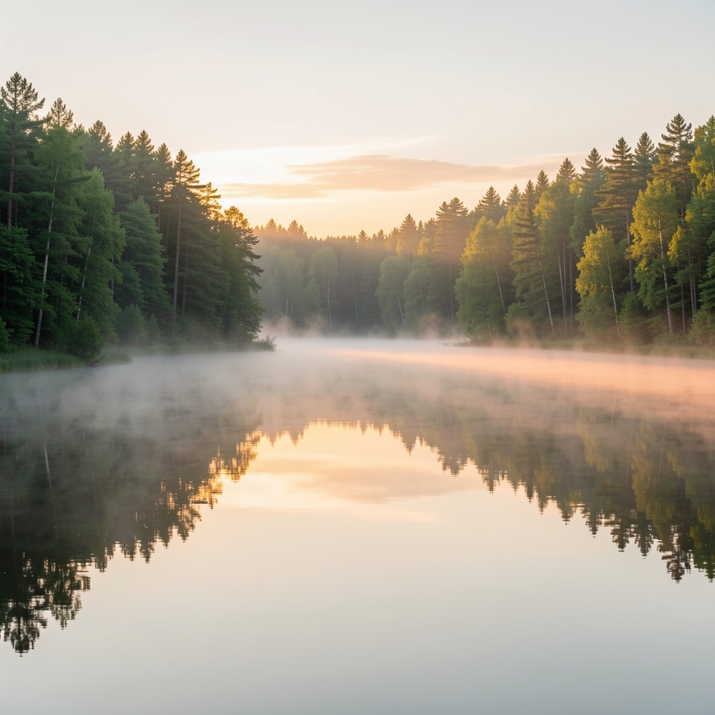 Panoramic view of a calm lake at sunrise with mist rising from the water surface, surrounded by dense green forest in soft morning light