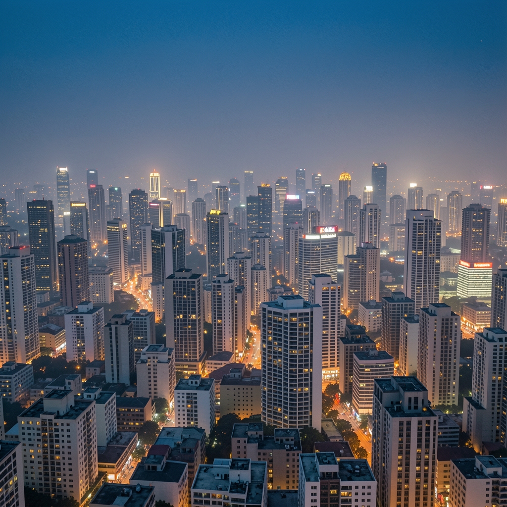 Dense urban skyline at dusk with visible air haze and warm city lights contrasting against a darkening blue sky, conveying environmental density