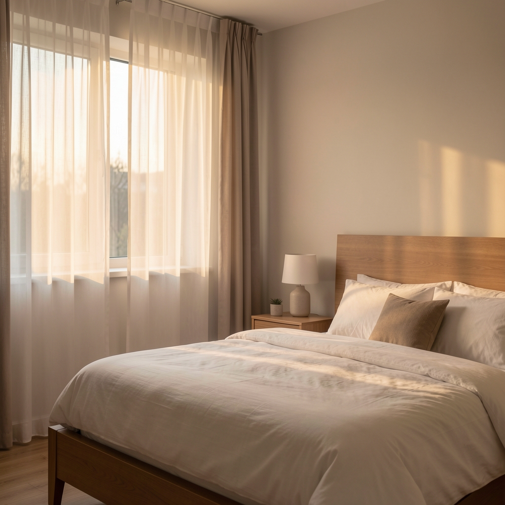 Peaceful bedroom at night with soft blue moonlight filtering through sheer curtains onto an undisturbed bed with white linen, evoking rest and sleep quality