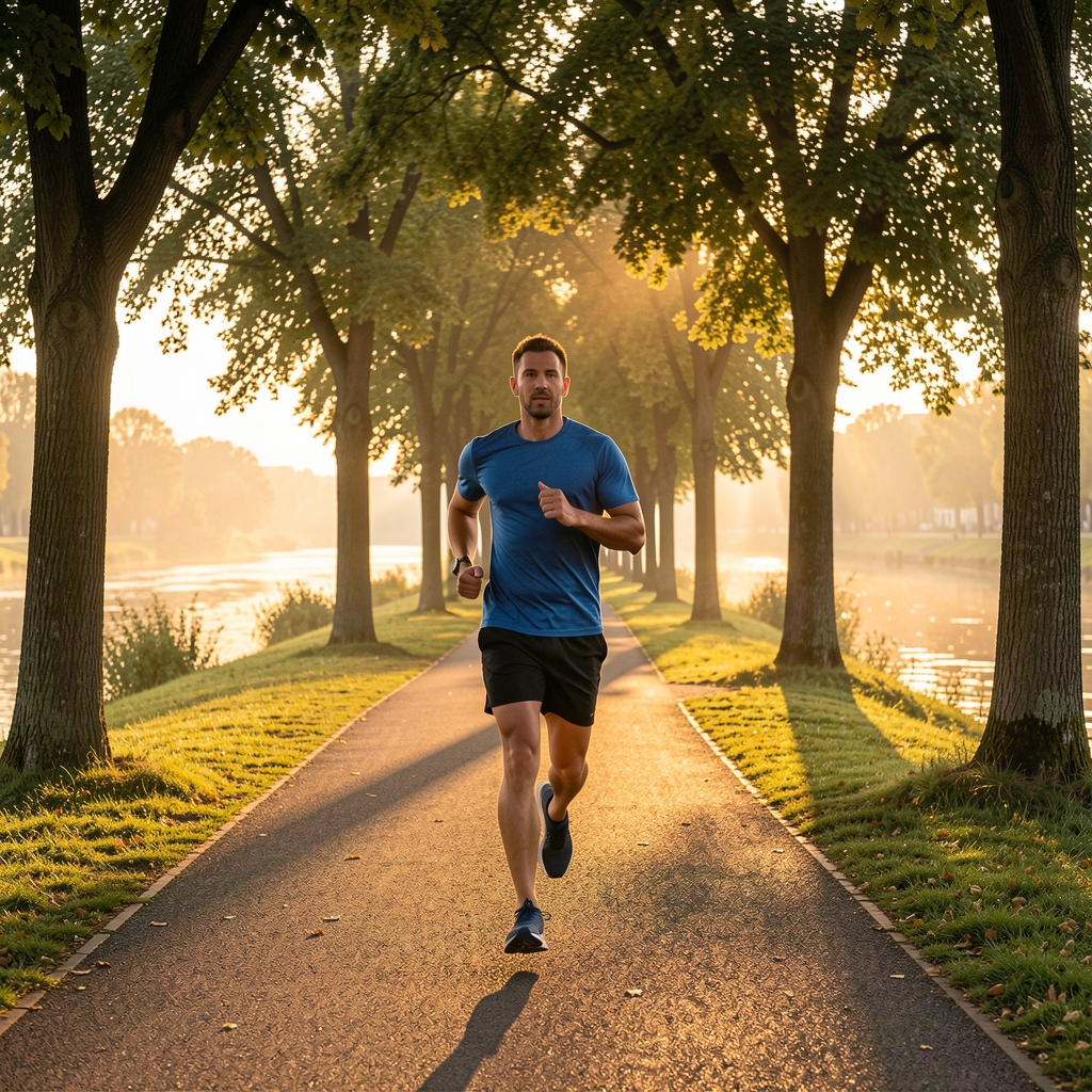 Man jogging along a tree-lined riverside path in early morning with golden sunrise light and long shadows, conveying consistent outdoor physical activity