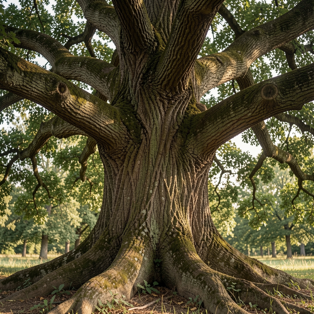 Close-up of a large old tree's textured bark and deep root system spreading across forest floor, symbolizing structural resilience and deep biological grounding