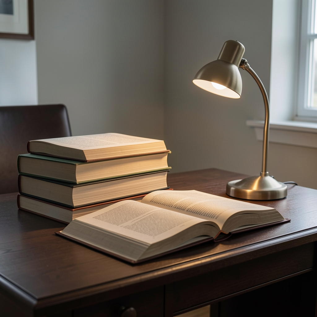 Research library table with scattered open academic papers and a pair of reading glasses in warm overhead light, representing critical analysis of information