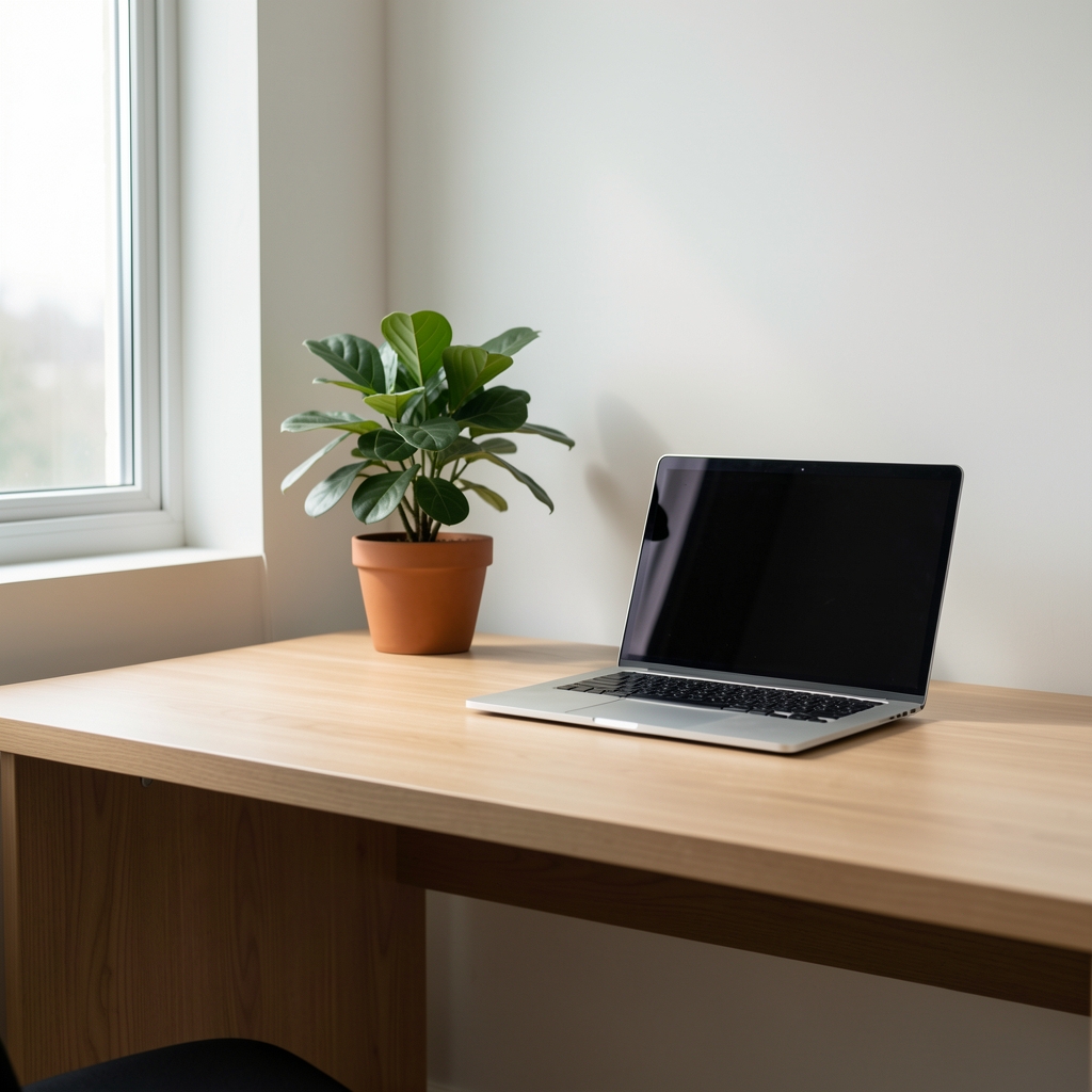 Minimalist home office workspace with a wooden desk, open laptop, potted plant, and diffused natural light from a nearby window