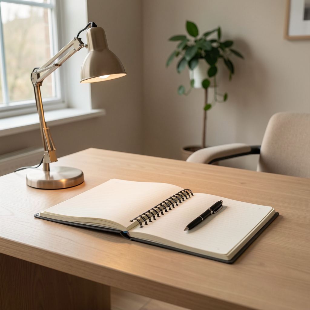 Neat editorial desk with a lamp, open planner notebook, and pen on a clean surface in a professional workspace with calm natural tones