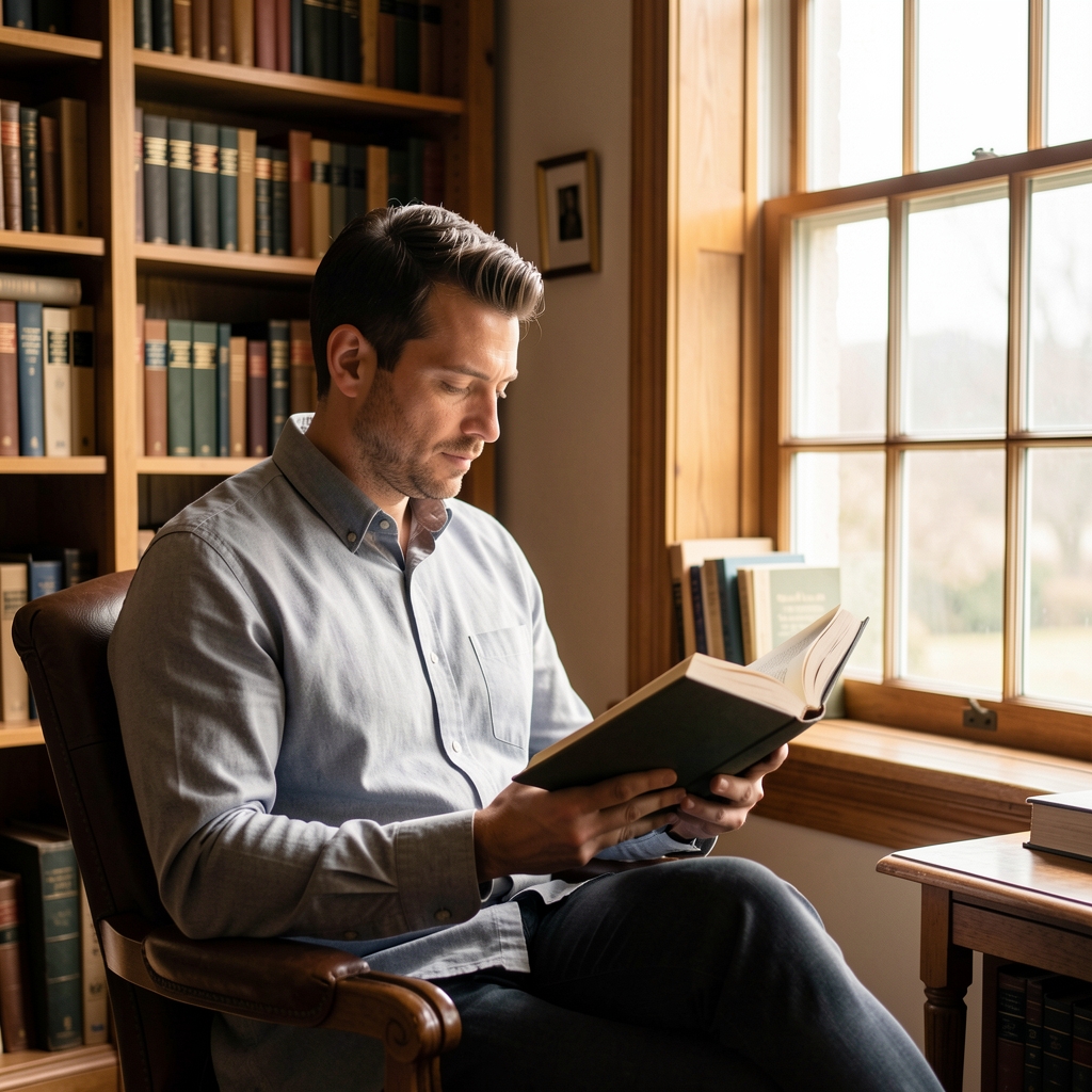 Man sitting in a well-lit study reading a book beside a large window with natural daylight, in a calm and contemplative atmosphere